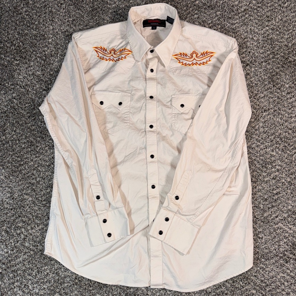 Rock and Roll Denim Mens XL Tan Embroidered Phoenix Western Pearl Snap Shirt